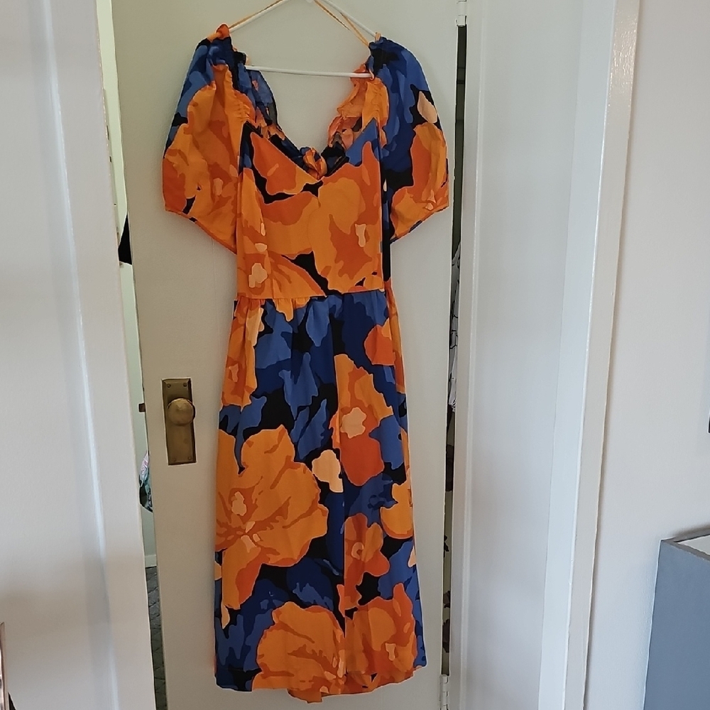 Tabitha Orange and Blue Ruched Midi Dress